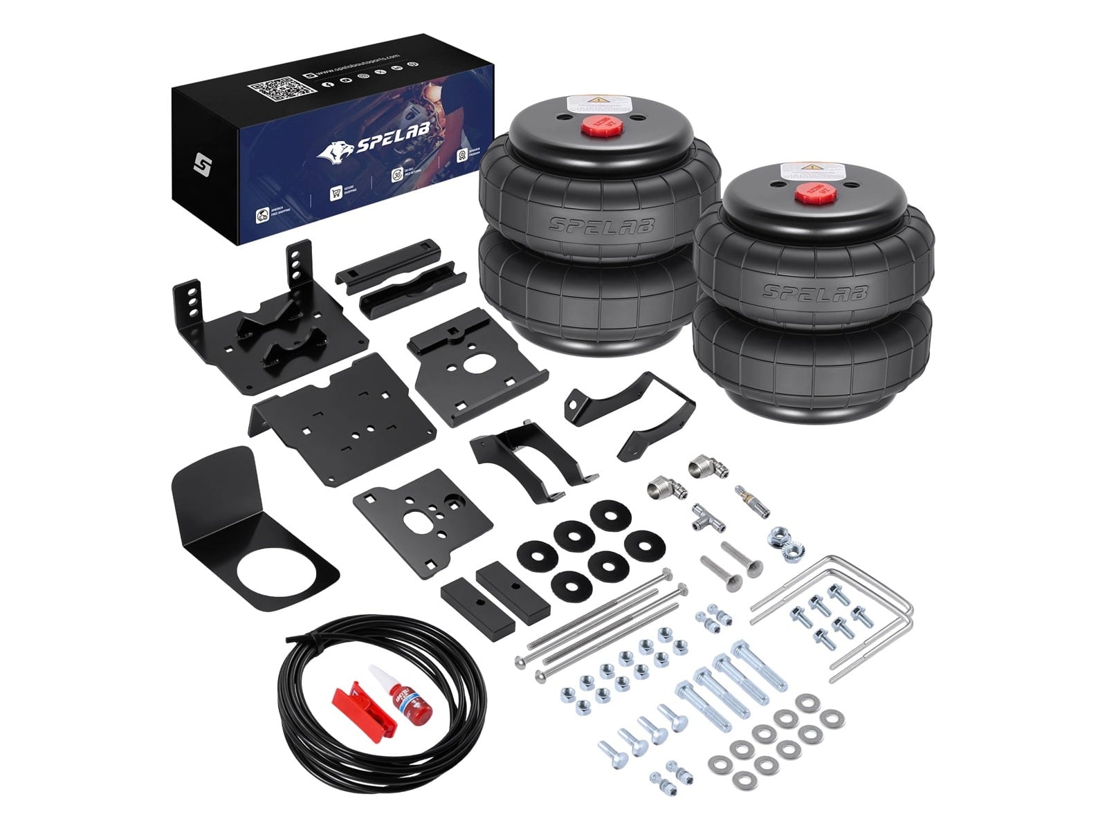 SPELAB Rear Air Suspension Kit for 2011-2016 Ford F-250 and F-350 Super Duty laid out with air springs, mounting brackets, air line and hardware.