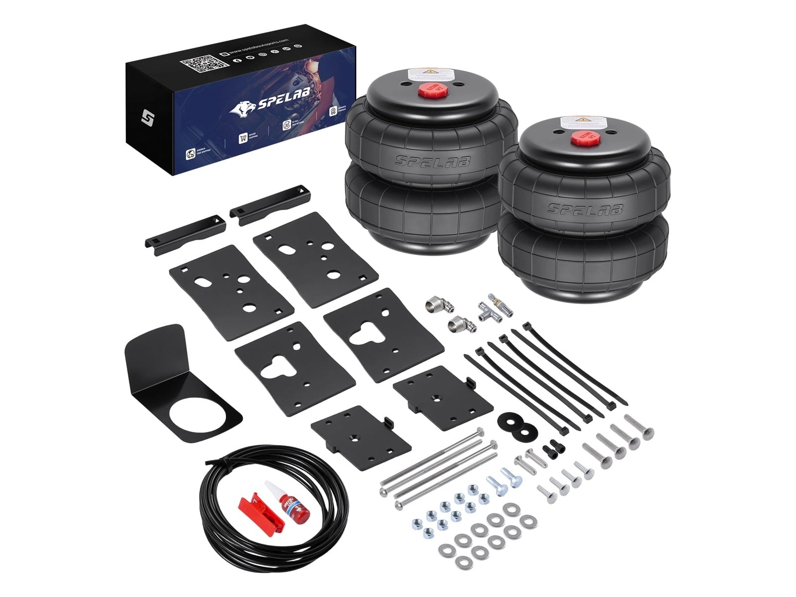 SPELAB Rear Air Suspension Kit for 2014-2022 Ram 2500 laid out with air springs, mounting brackets, air line and hardware.