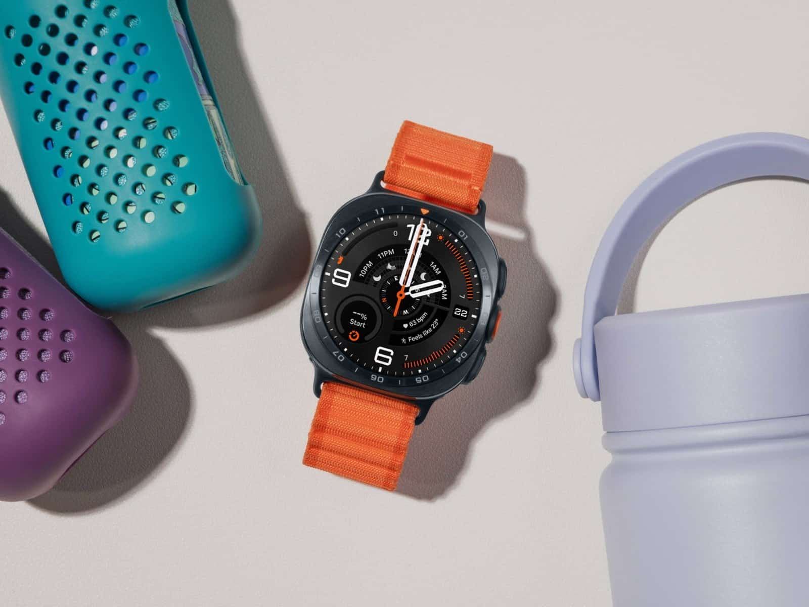 Samsung Galaxy Watch9 with an aluminium cushion-shaped case and a soft silicone band.