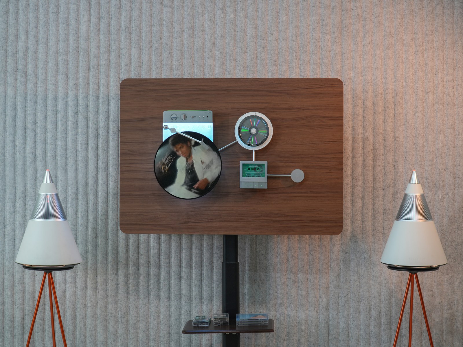 TRETTITRE Retro Wall-Mounted Ambient Audio System CP3 cassette player in use with a tape inserted and controls visible