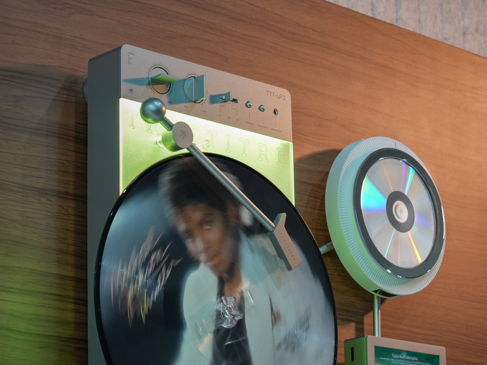TRETTITRE Retro Wall-Mounted Ambient Audio System TreSound1 speaker and TreSound Mini add-on speakers styled in a home setting