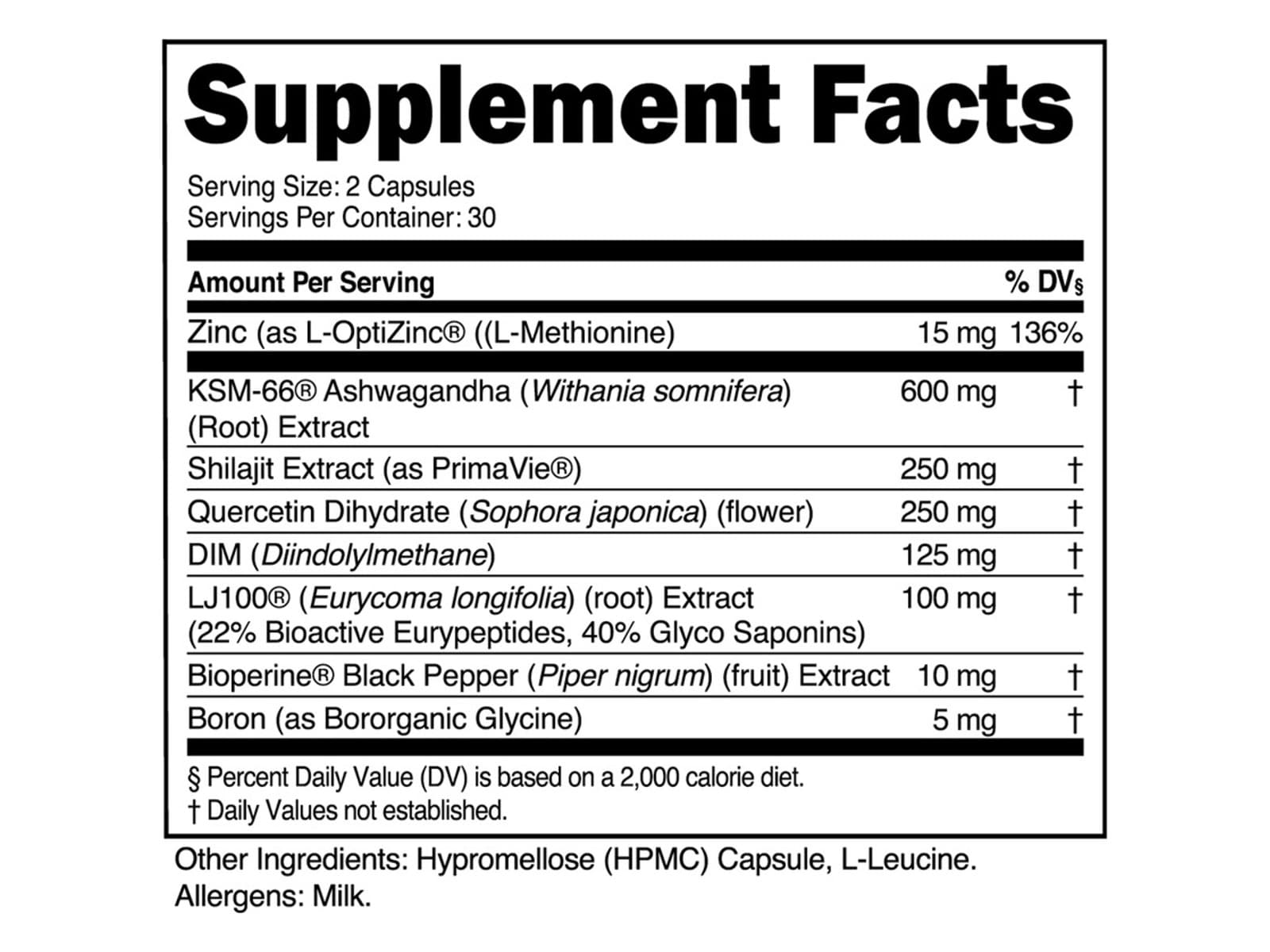 The Transparent Labs Vitality Supplement Facts panel listing eight ingredients and their amounts per two-capsule serving.