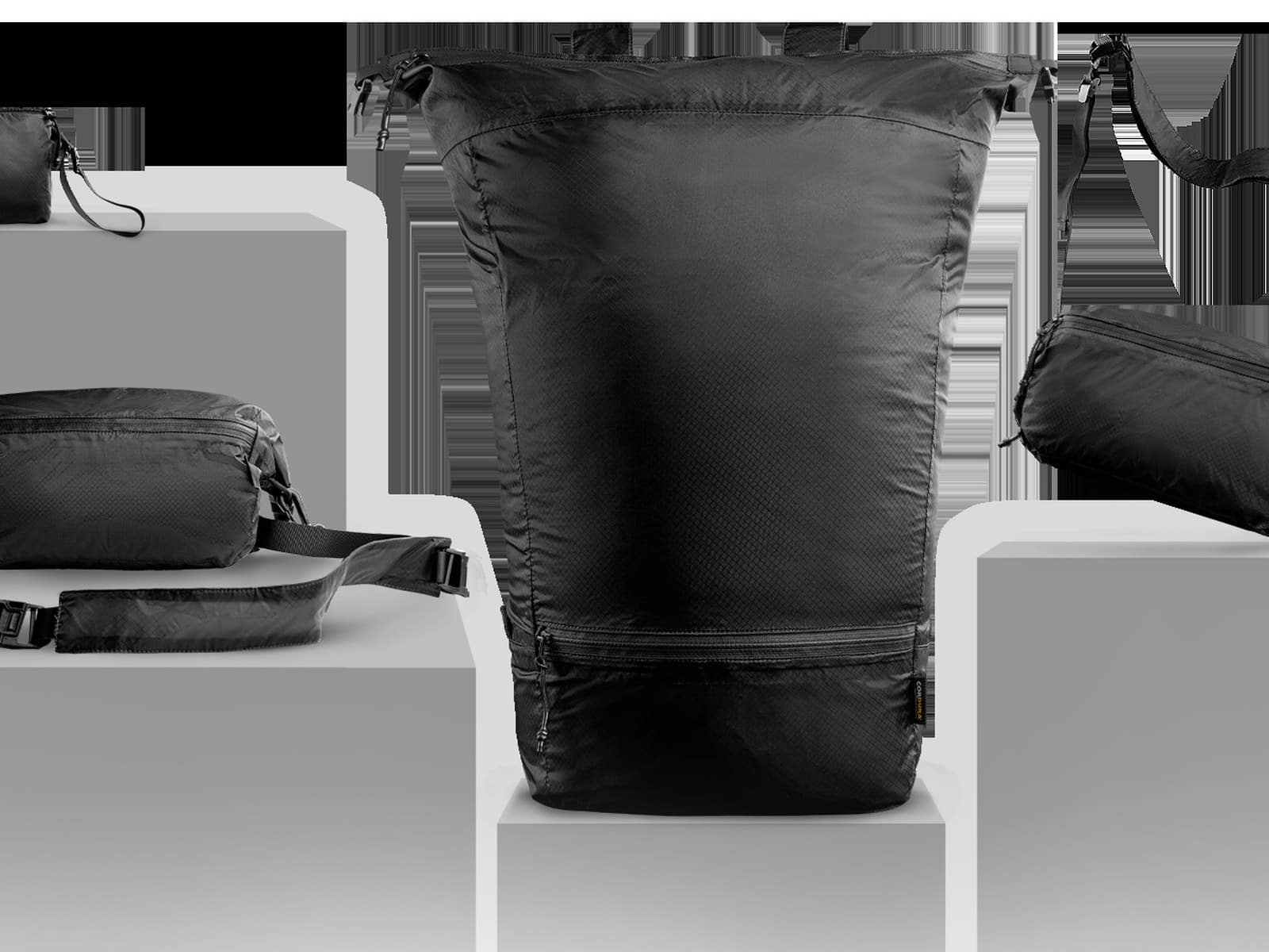 The backpack mode shown with the sling and pouch alongside