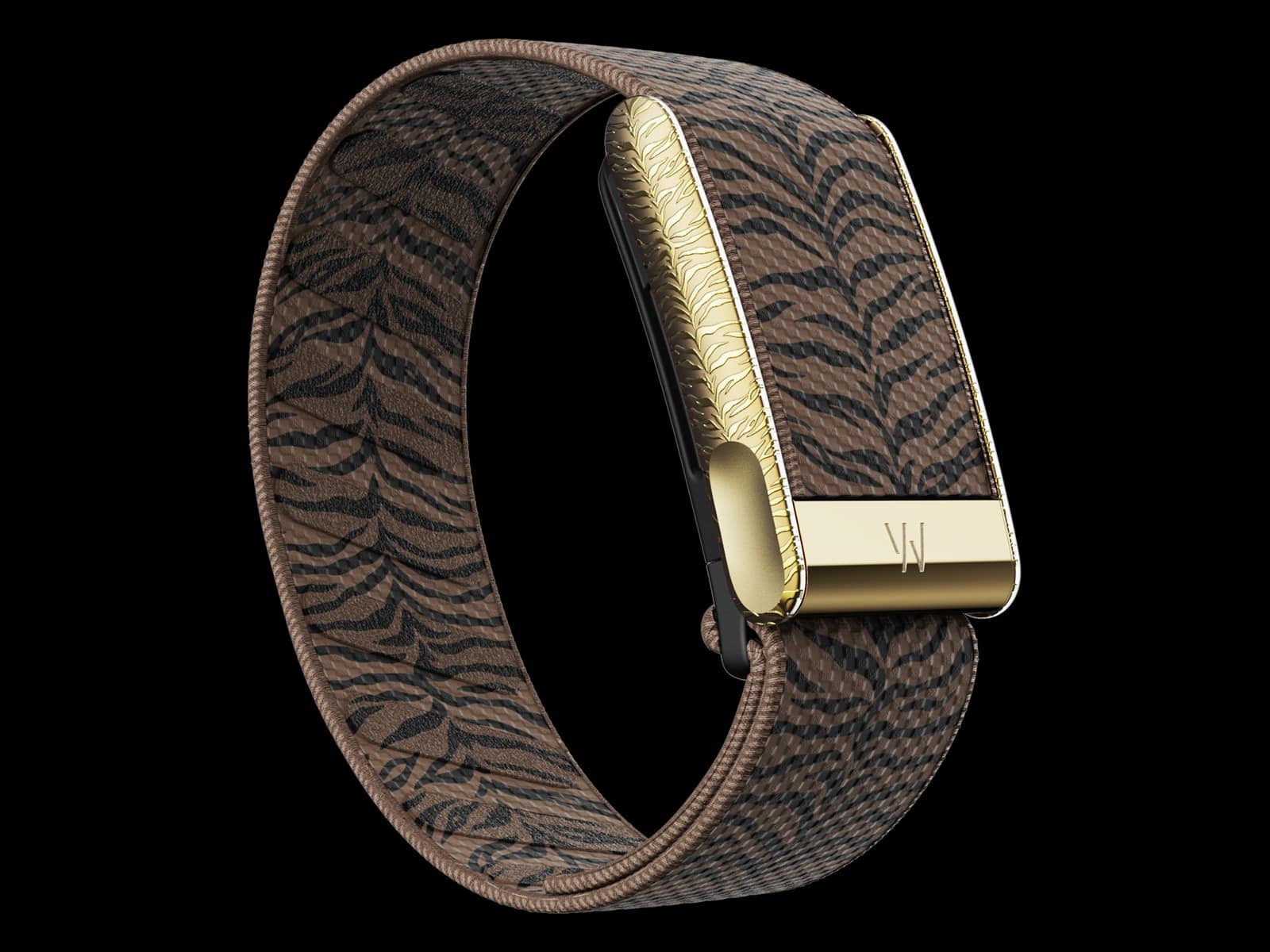 The custom Aryna Sabalenka WHOOP band, a tan and black tiger-stripe SuperKnit strap with an engraved gold-tone clasp.