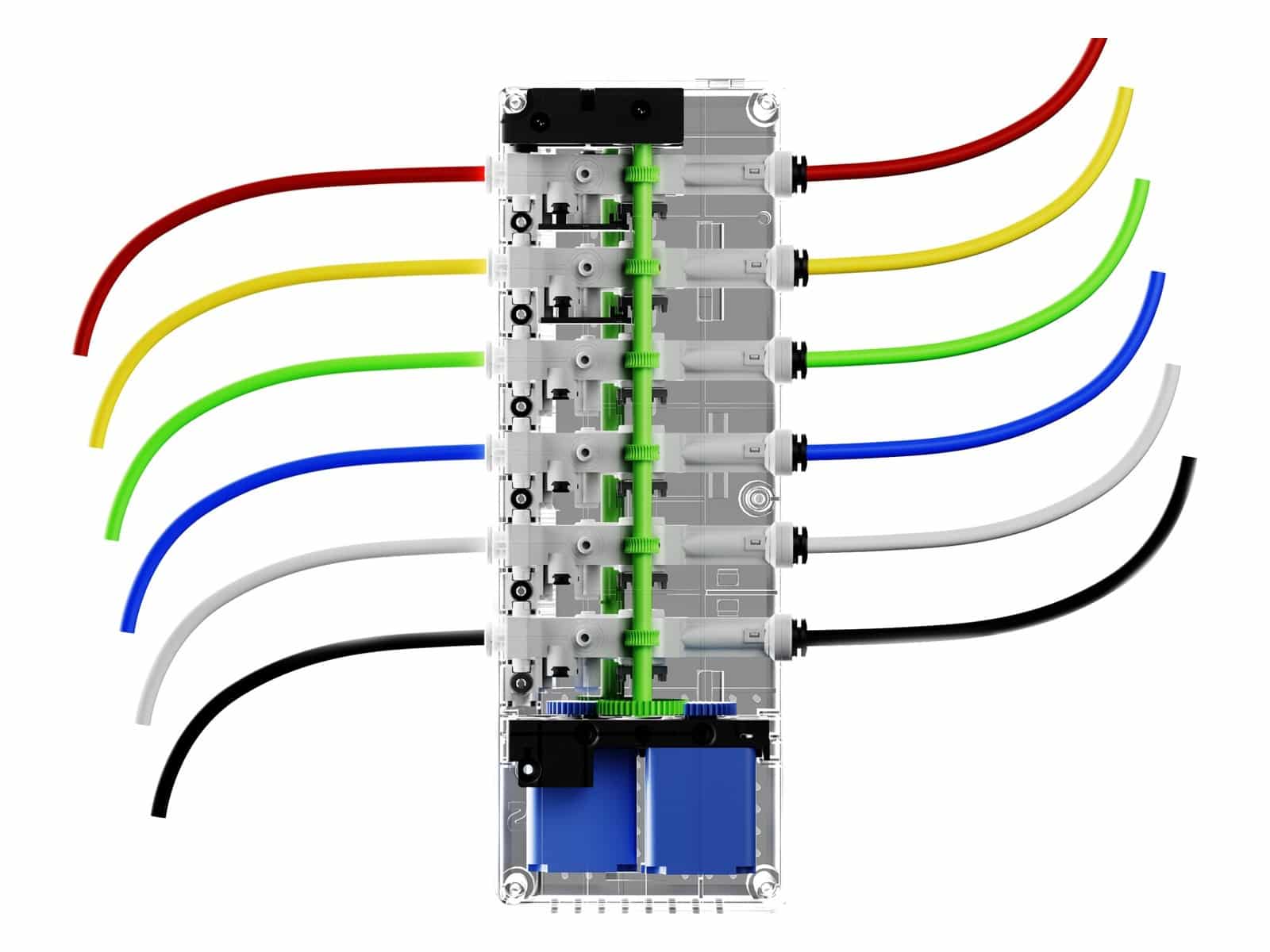 The six-channel Auto Filament System with six coloured filaments feeding out
