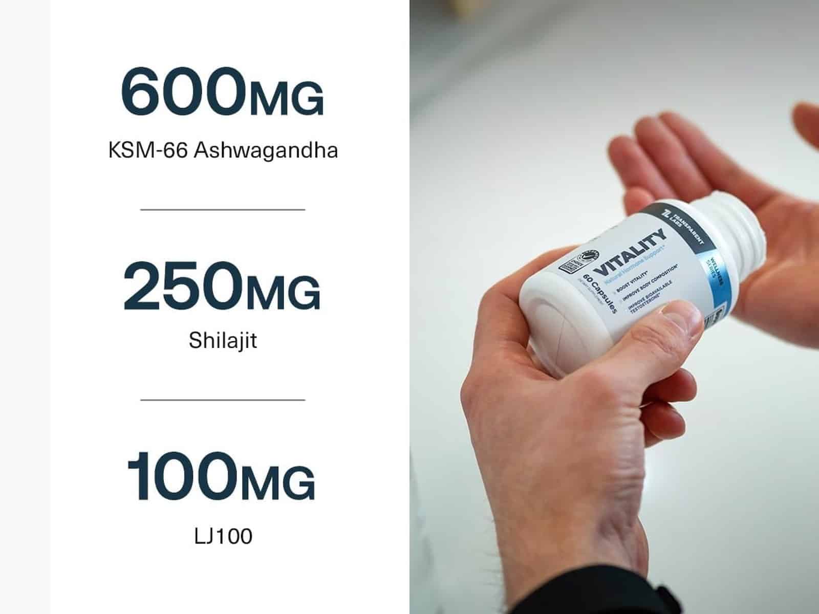 Three Transparent Labs Vitality ingredient amounts, 600mg KSM-66 ashwagandha, 250mg shilajit and 100mg LJ100, beside a hand holding the bottle.