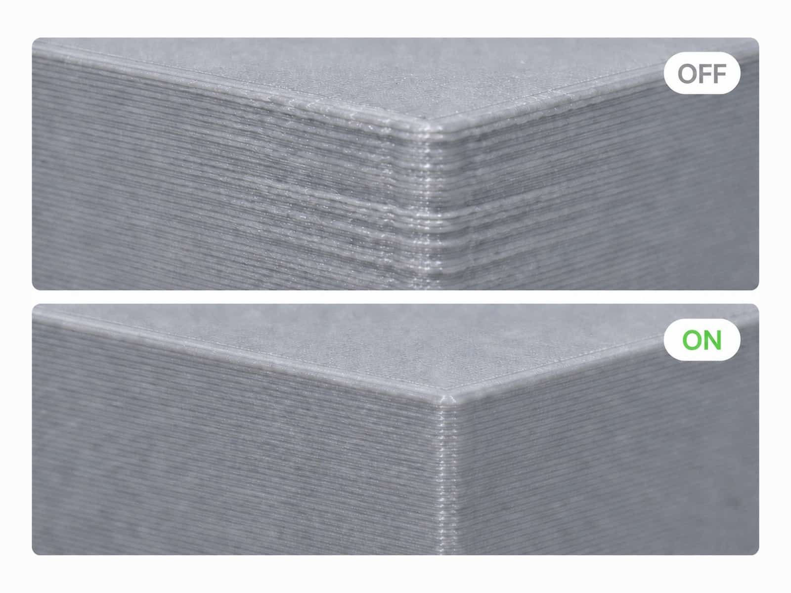 Two close-ups of a printed corner labelled OFF and ON, comparing surface finish