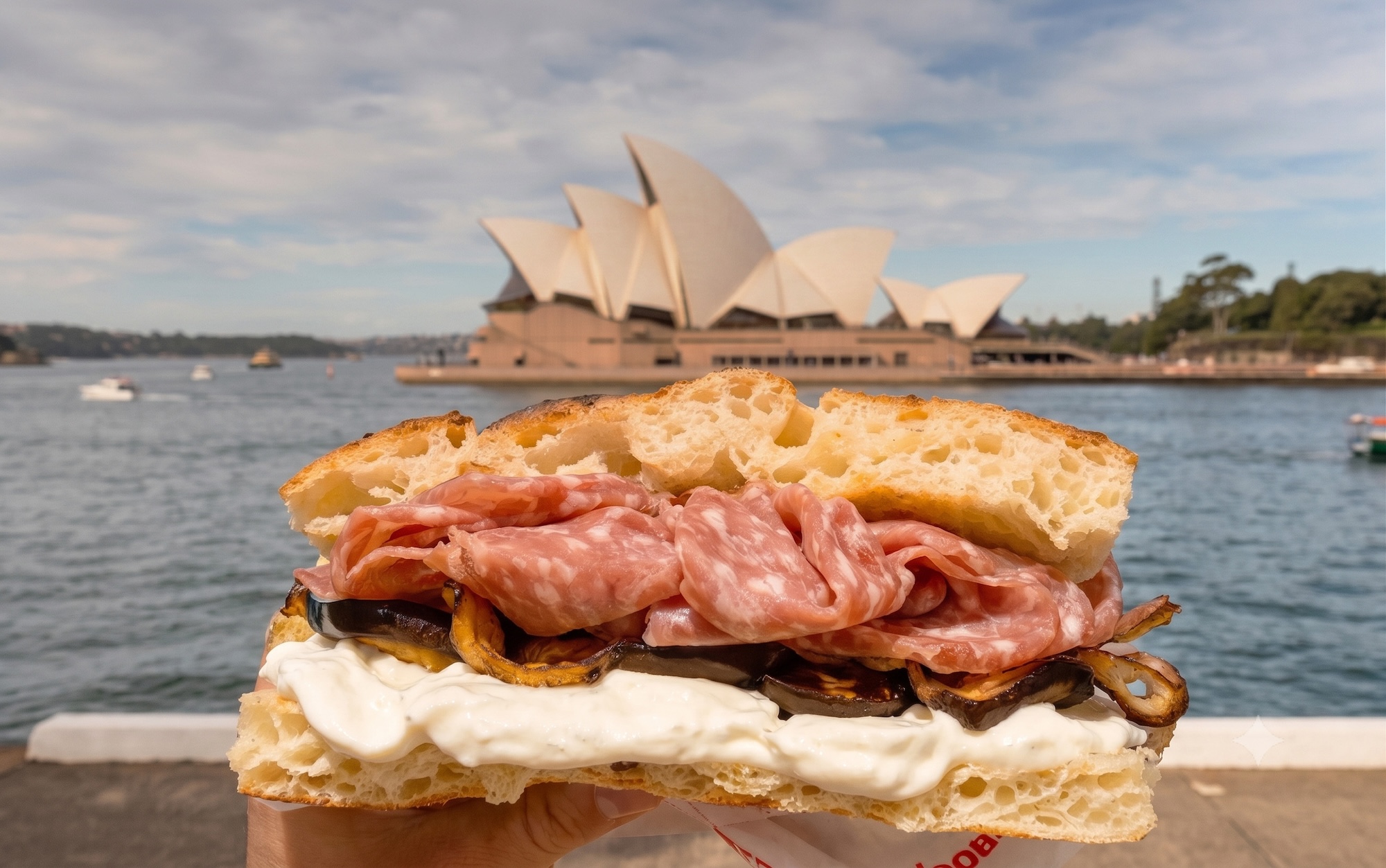 All'Antico Vinaio schiacciata sandwich held up in front of the Sydney Opera House