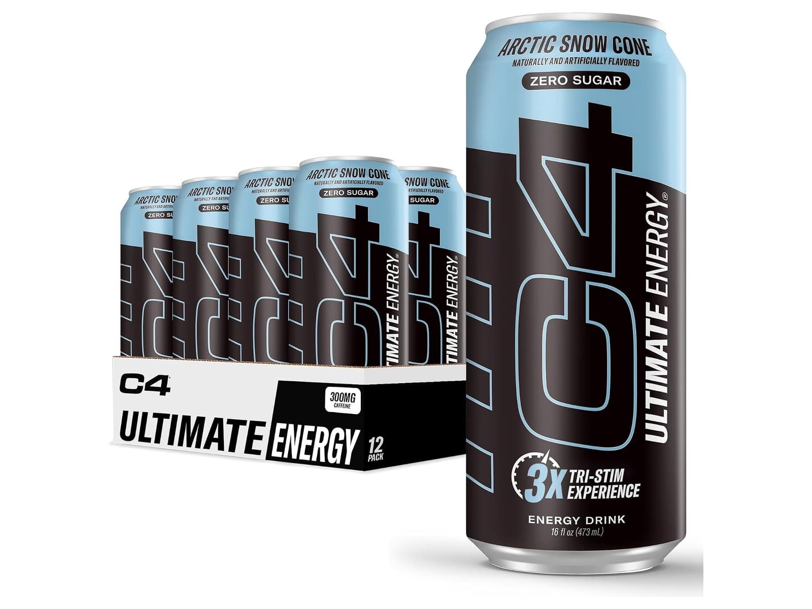 C4 Ultimate Energy Arctic Snow Cone 12-pack carton beside a single 16 fl oz can.