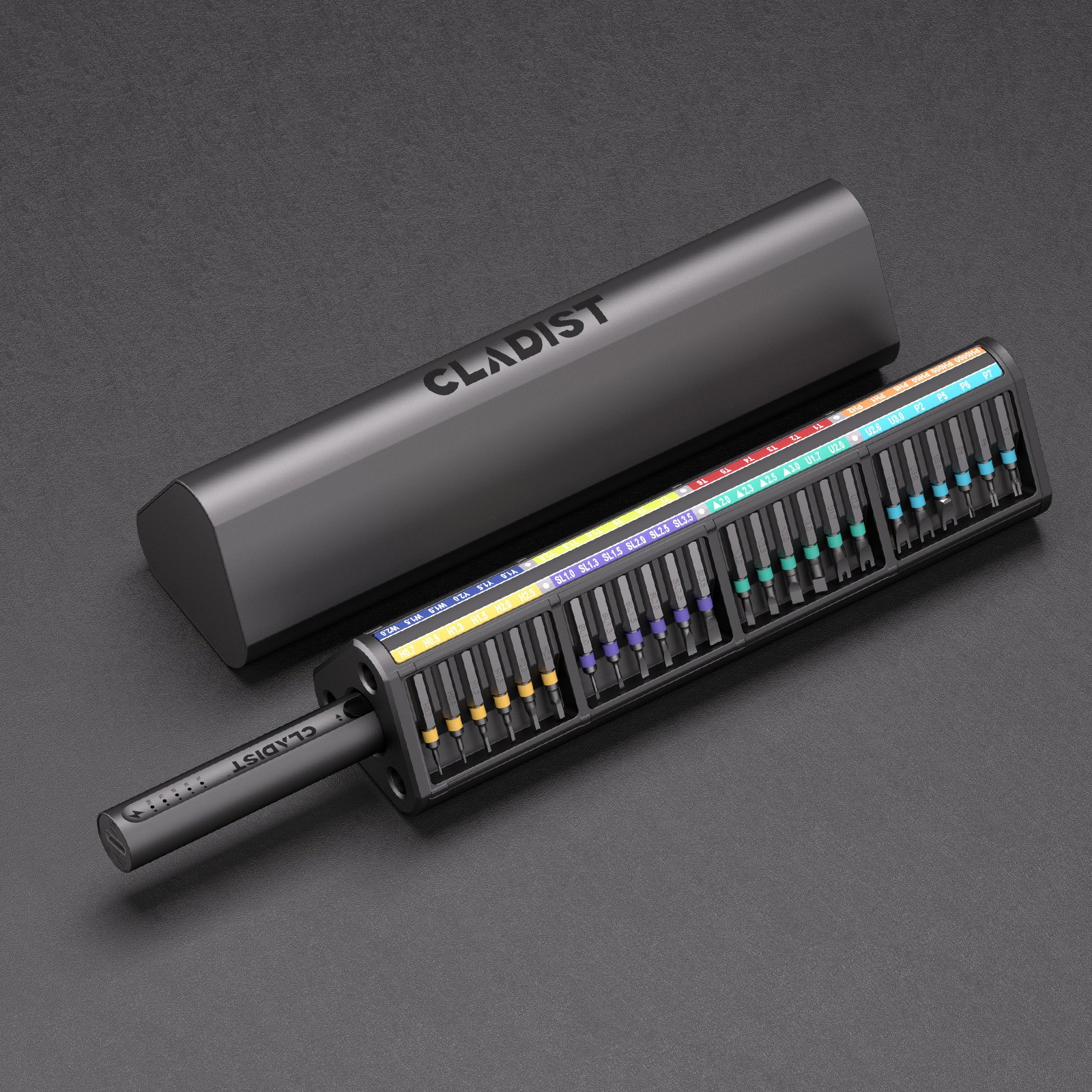 Cladist Titan aluminium case open to show the colour-coded bit tray alongside the driver on a grey background