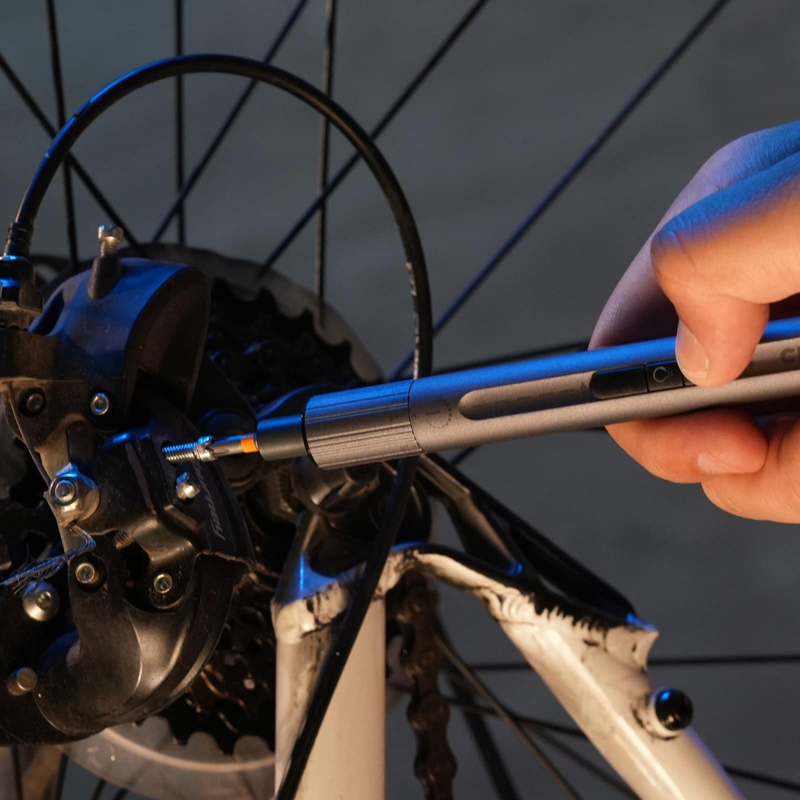 Cladist Titan being used on a disc brake caliper on a road bicycle wheel