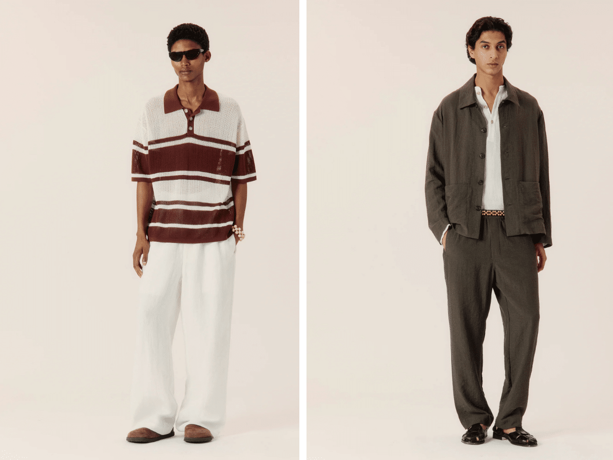 Commas men's open weave polo shirt and resort trousers in natural linen