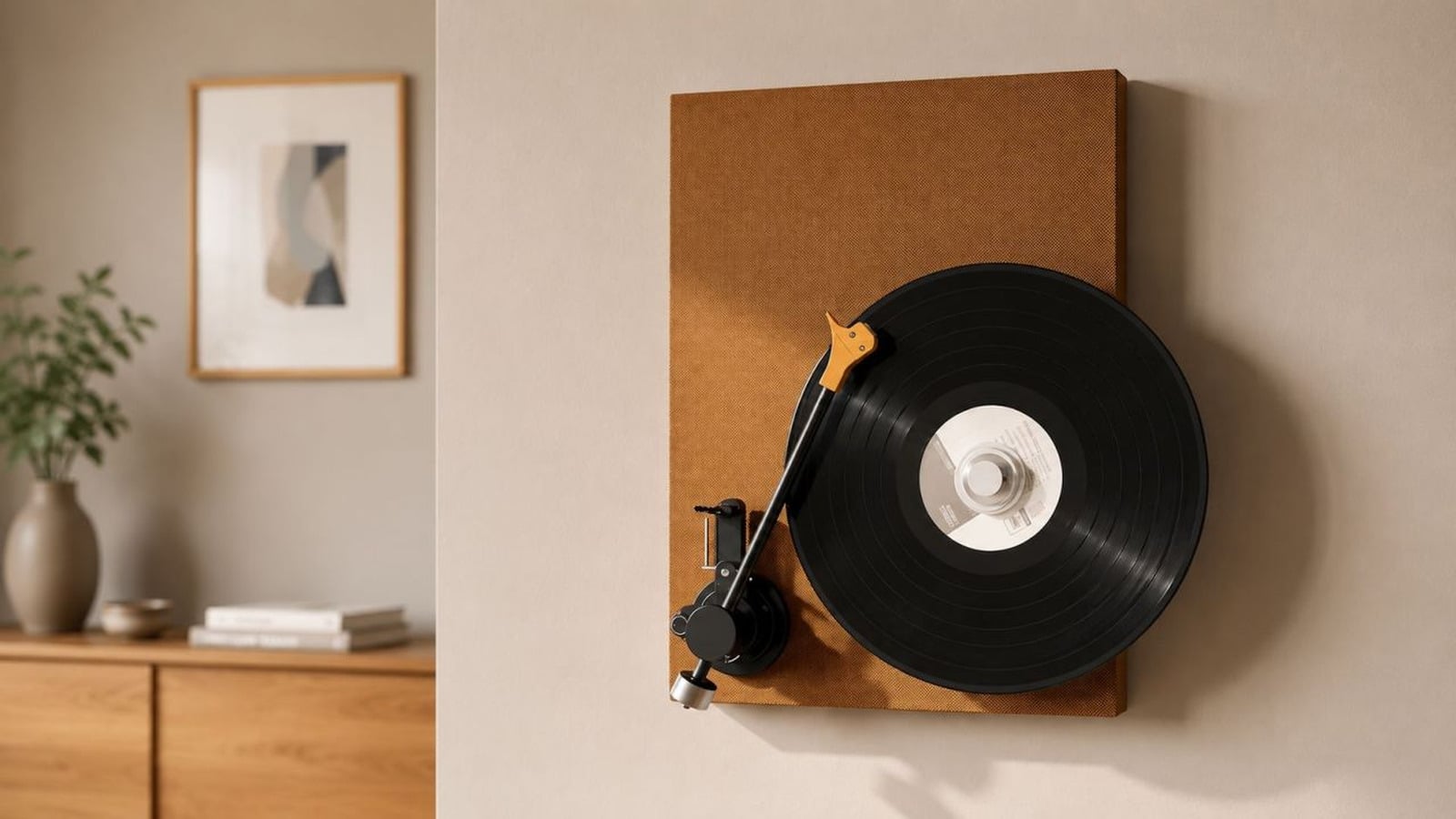 ECHOV DY040 mounted on a wall, showing the wood-grain MDF body with the platter and tonearm on the front