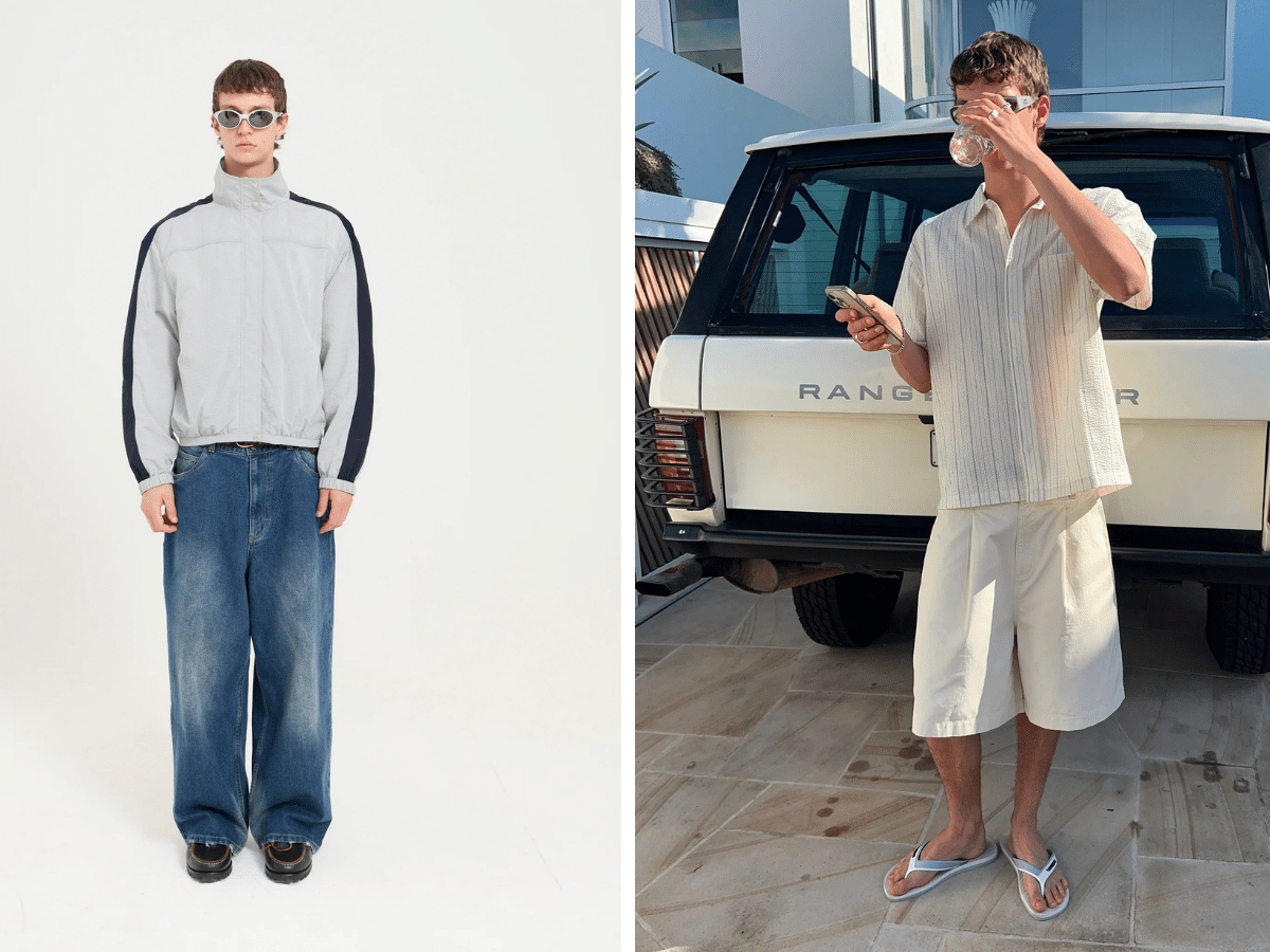 Five by Flynn light grey and navy windbreaker jacket with pleated summer shorts