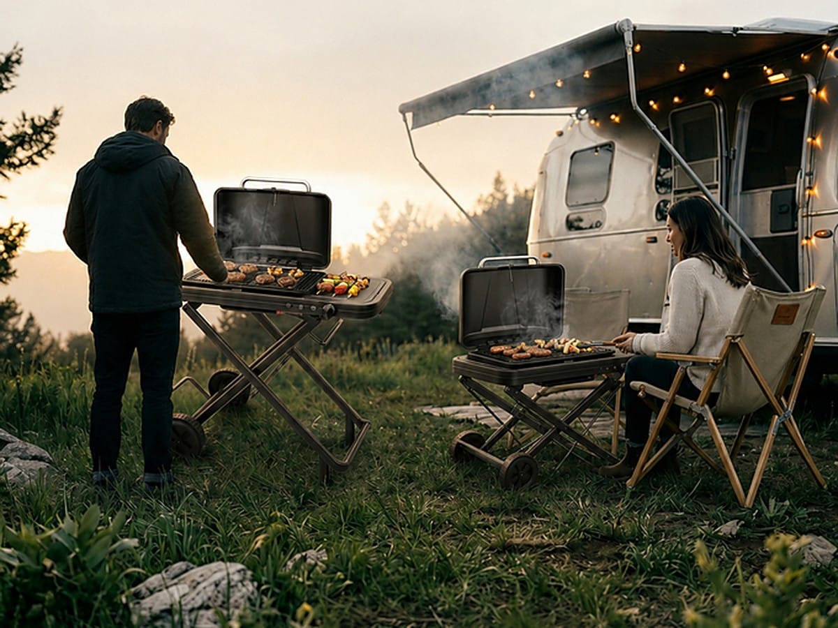 Two people cooking on FYREL Fold & Go outdoor kitchens at dusk beside an Airstream caravan strung with festoon lights