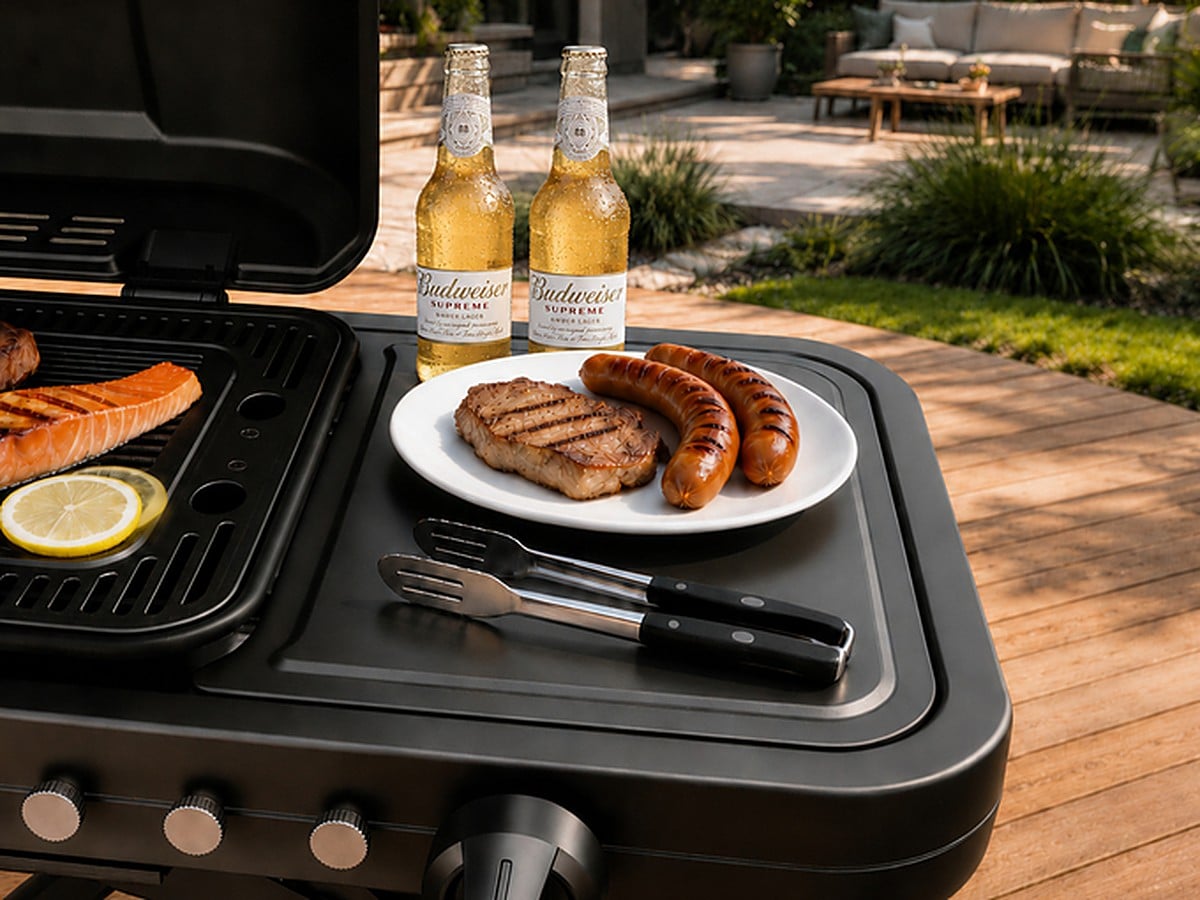 Steaks, sausages and salmon on the FYREL Fold & Go griddle and grill plates with tongs and beers on the side prep table
