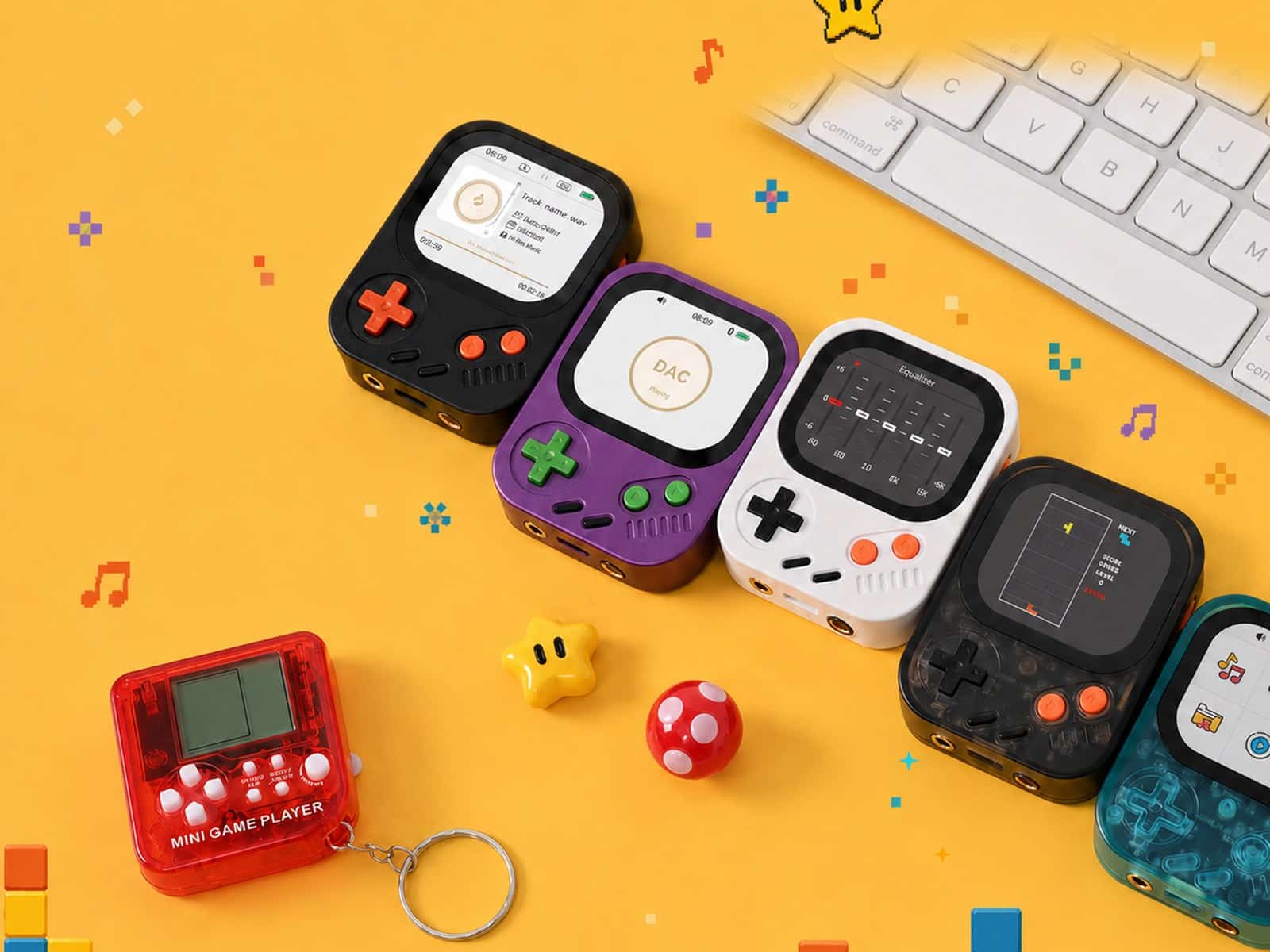 Hidizs AP30 Music Boy players arranged on a yellow background with a retro handheld game keyring, Tetris-style blocks and a toy mushroom