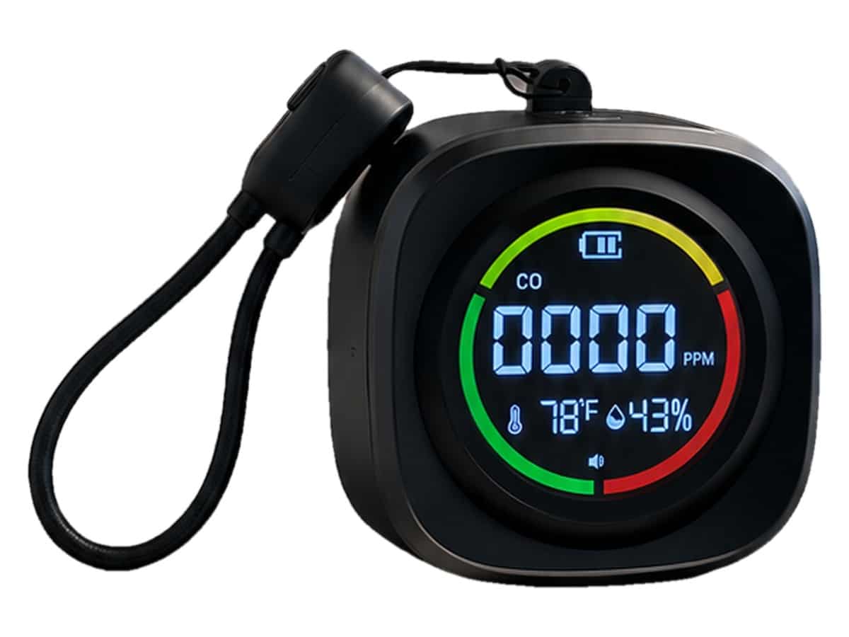 LITY Smart CO Detector product shot on a white background with its lanyard charging cable