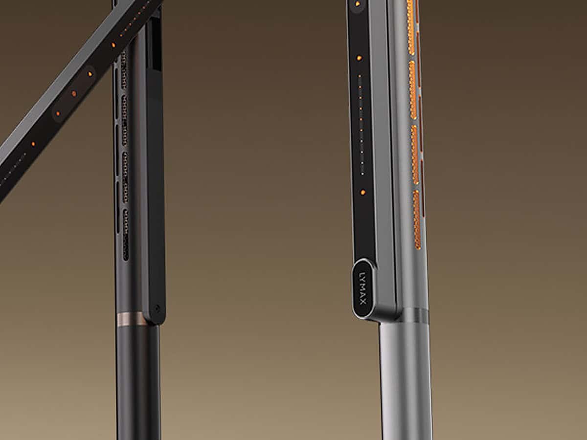Close detail of the L3 Pro's two column finishes with the LED strip lit along the silver model