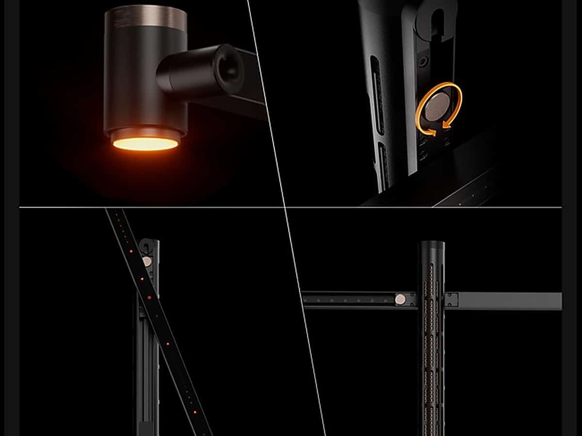 Four close-up views of the L3 Pro's lamp head, rotating joint and articulated arm