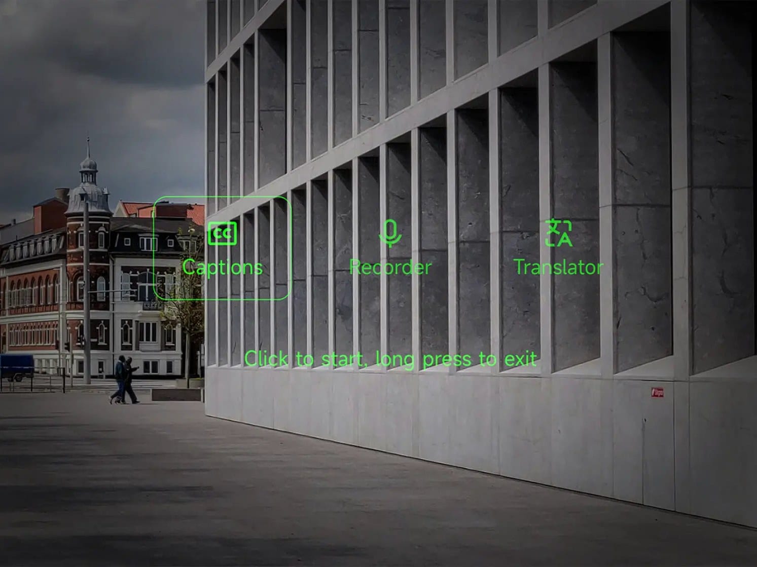 View through the MemoMind One display showing green Captions, Recorder and Translator options over a street scene