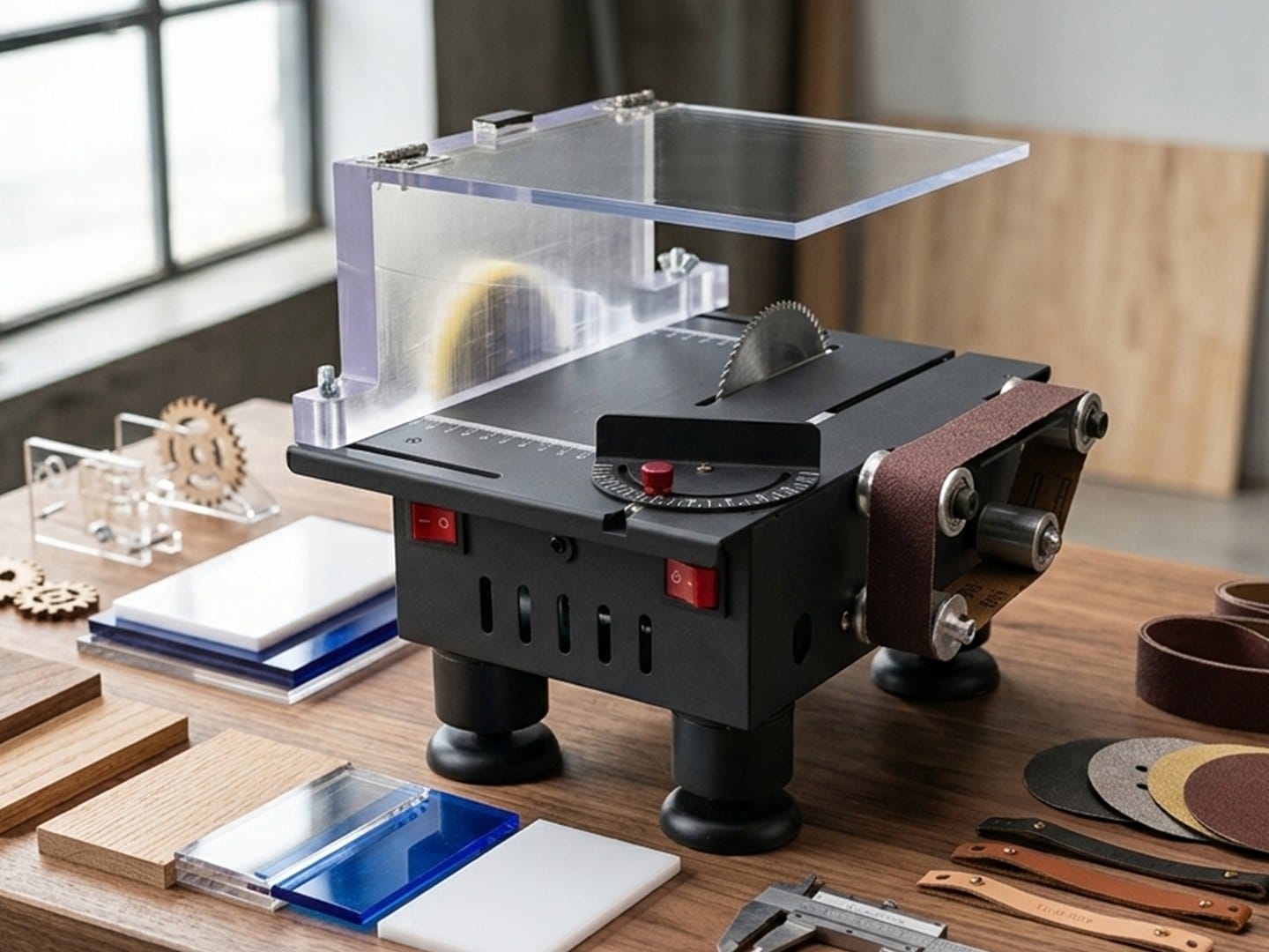 Mini 3-in-1 Desktop Craft Workshop with its acrylic guard raised, surrounded by sanding belts, cutting discs and offcuts
