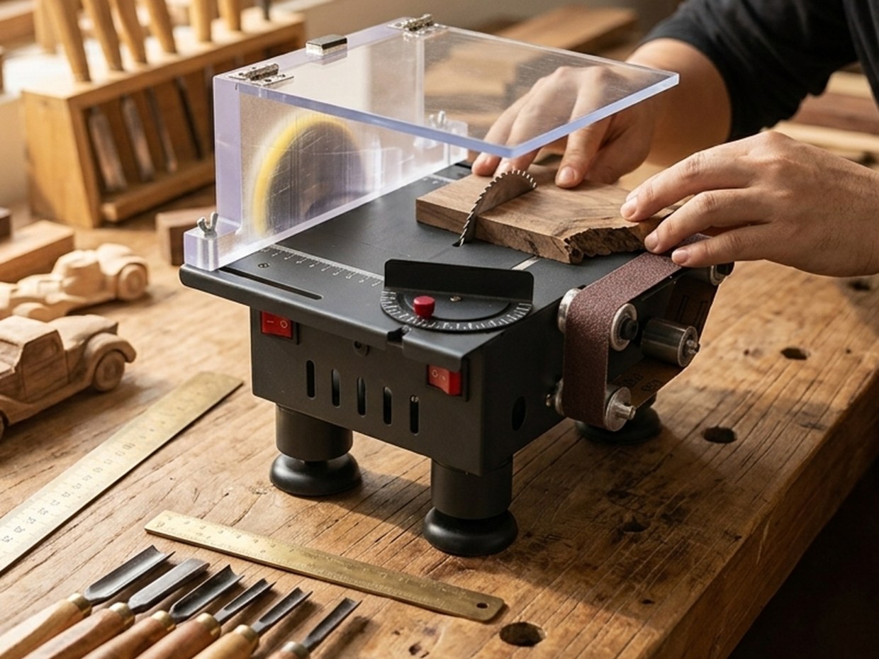 Hands guiding a timber offcut across the Mini 3-in-1 blade with the sanding belt mounted on the right