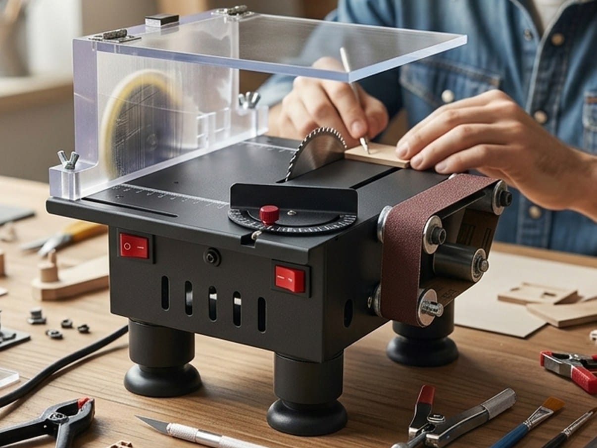 Mini 3-in-1 Desktop Craft Workshop in use on a home desk surrounded by pliers, clamps and a craft knife