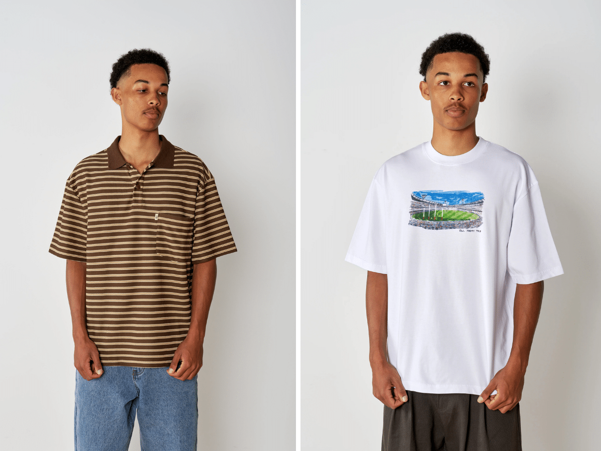 Oil Clothing Perth hand-printed graphic tee and choc woven polo shirt