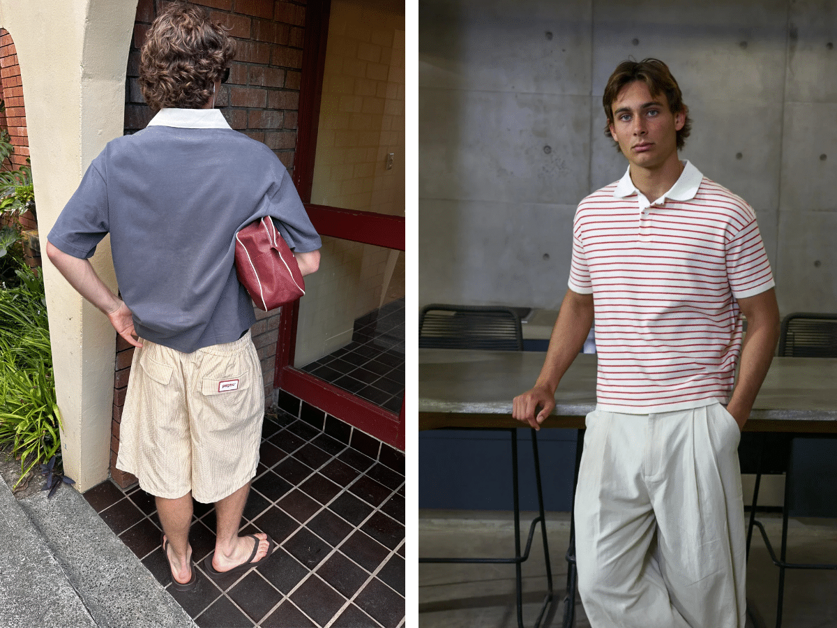 Payne Street men's yellow check shorts and red striped rugby polo shirt