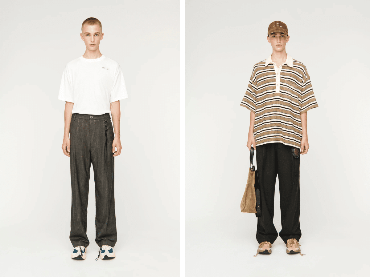 Song for the Mute men's charcoal loose pleated pants and brown gym polo knit