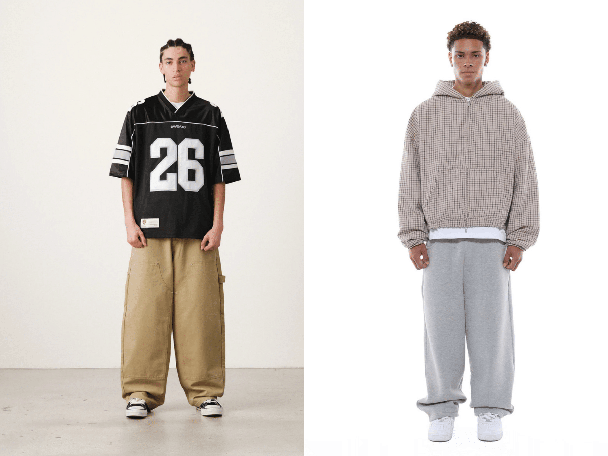 Sweats Collective sand double knee work pants and cream checkered zip-up jacket