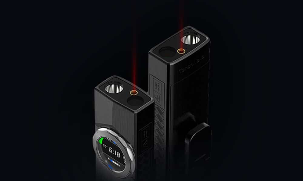 Two TorchNova tactical flashlights on a black background, one showing the circular display and the other projecting its red measuring laser