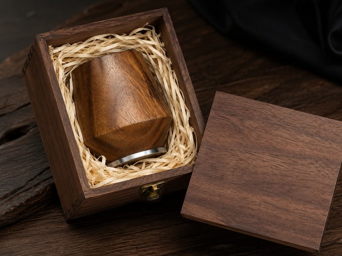 Walnut Whiskey Glass sitting inverted in an open walnut gift box on straw packing, with the lid lifted off and lying beside it