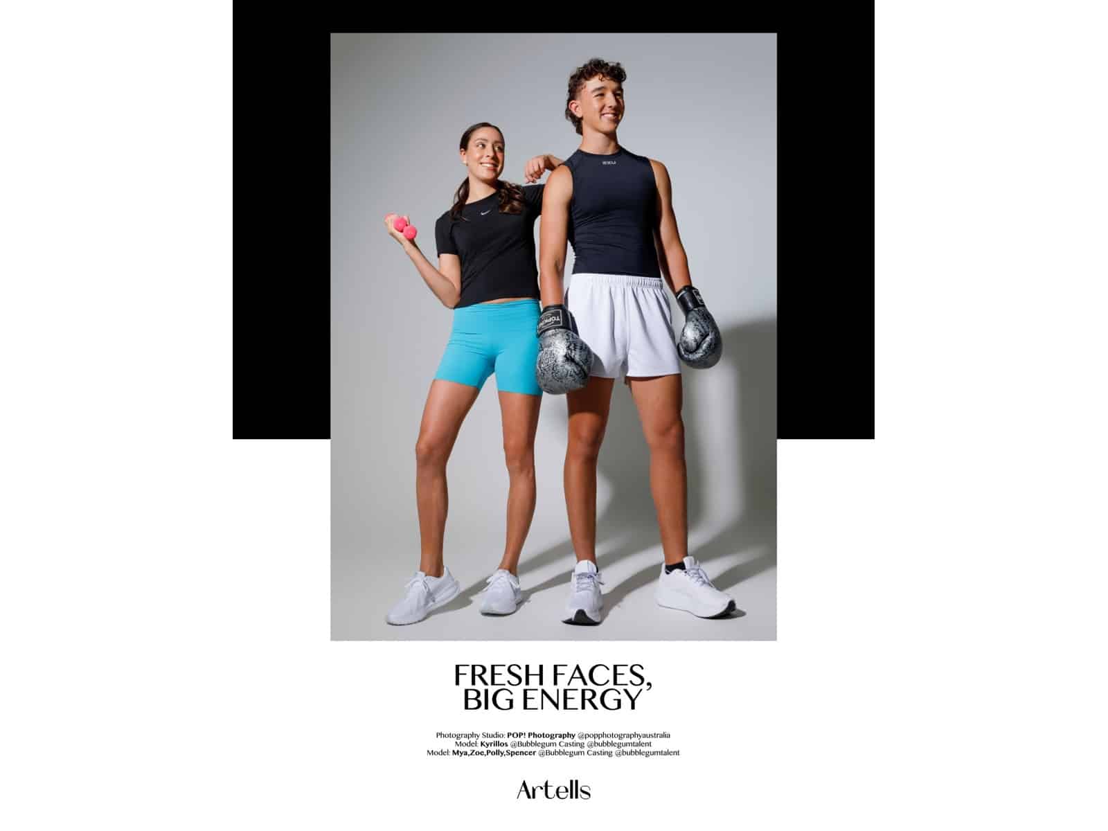 A magazine tearsheet titled Fresh Faces, Big Energy showing two teenage models in activewear and boxing gloves, photographed by POP Photography for Bubblegum Casting talent
