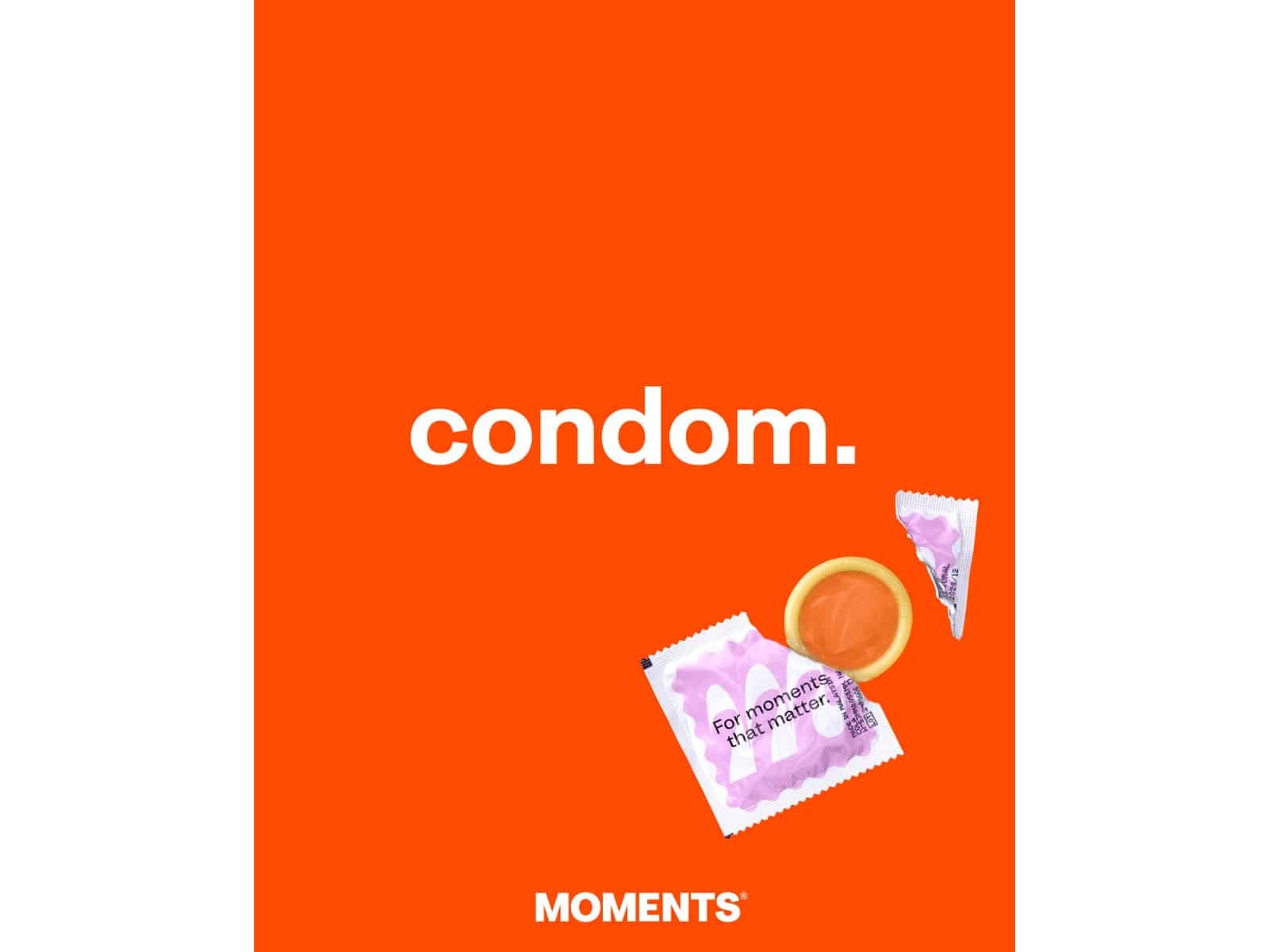 Moments campaign tile with the word condom and two condom sachets on an orange background