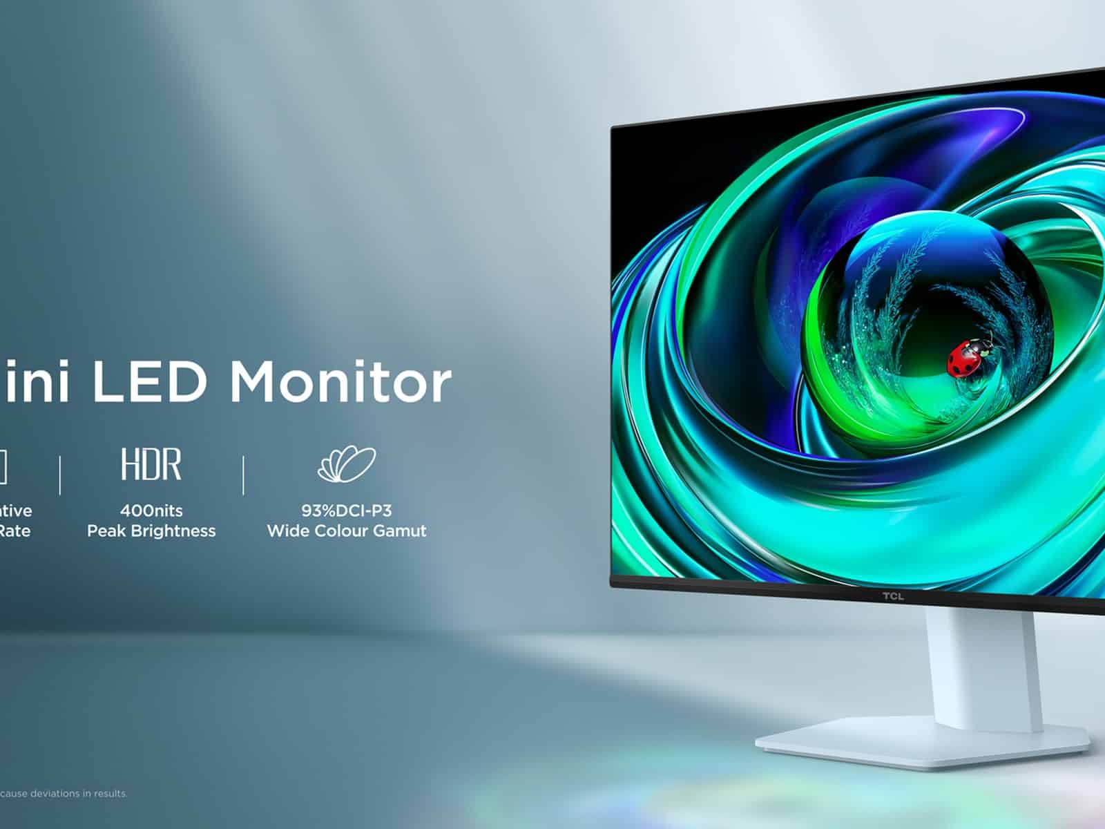 TCL 25G54 25-inch FHD Mini LED monitor marketing render with feature badges for Precision Dimming Series, 144Hz, HDR and 93% DCI-P3