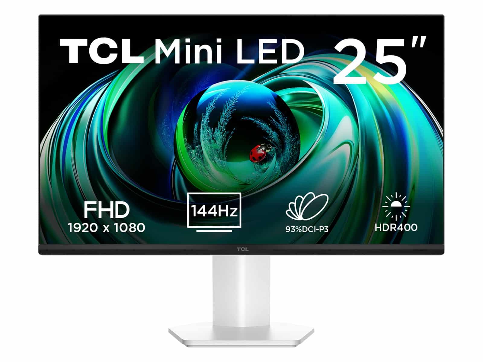 TCL 25G54 Mini LED 25-inch monitor showing FHD, 144Hz, 93% DCI-P3 and HDR400 badges over a green and blue swirl wallpaper