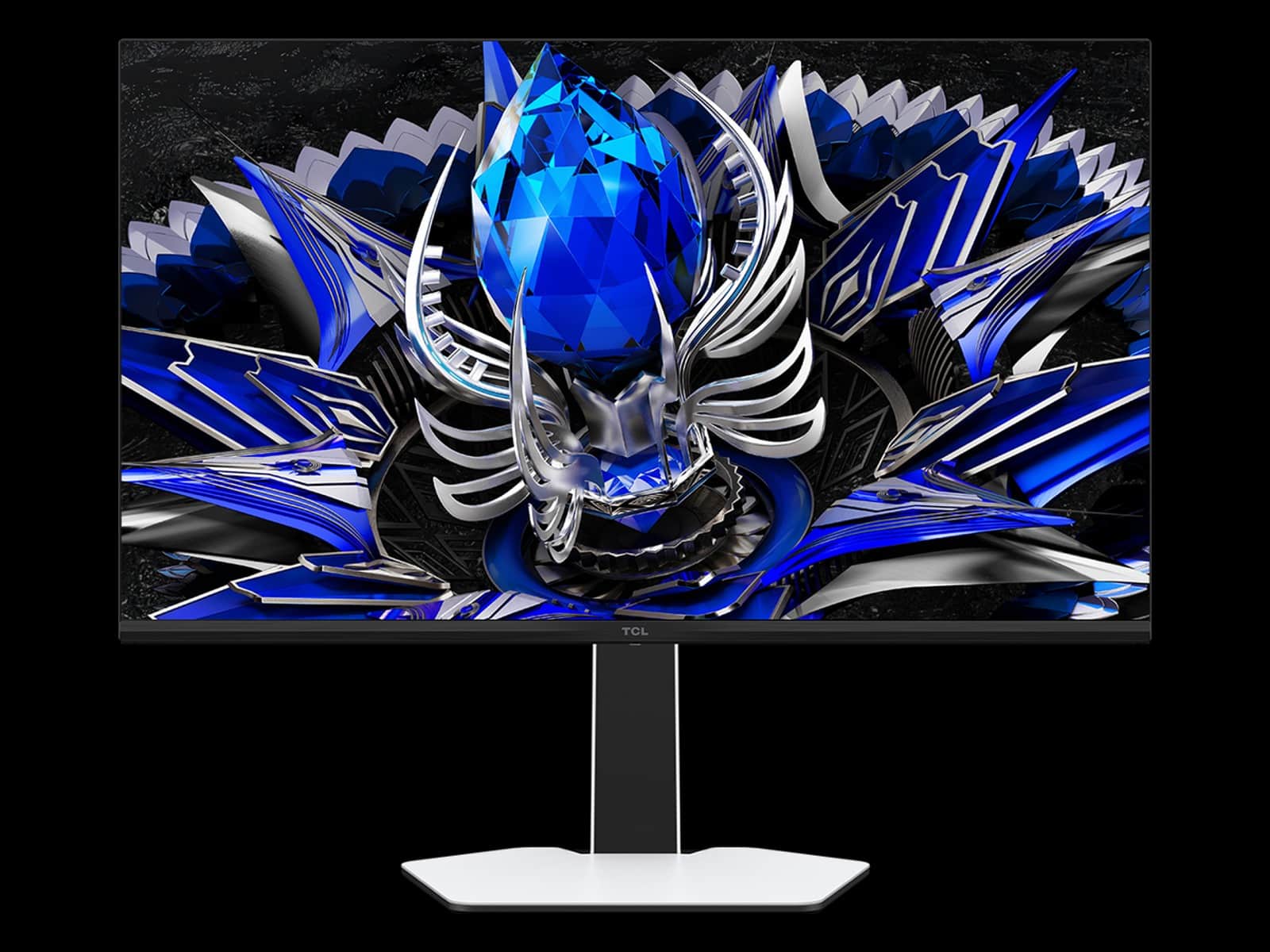 TCL 32R84 QD-Mini LED monitor on a white stand showing a blue and silver abstract wallpaper against a black background