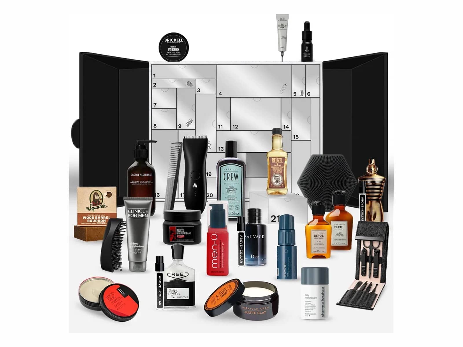 The Above The Collar 2026 advent calendar opened to show its numbered drawers with all 24 grooming products arranged in front, including a Meridian trimmer, Creed Aventus, Dior Sauvage and Dermalogica Daily Microfoliant.