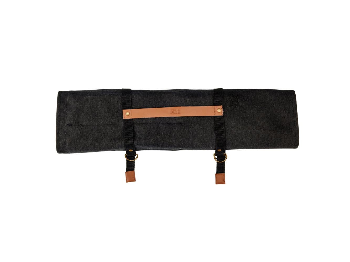 The Furi Pitmaster knife roll rolled closed and held by its webbing straps and leather handle