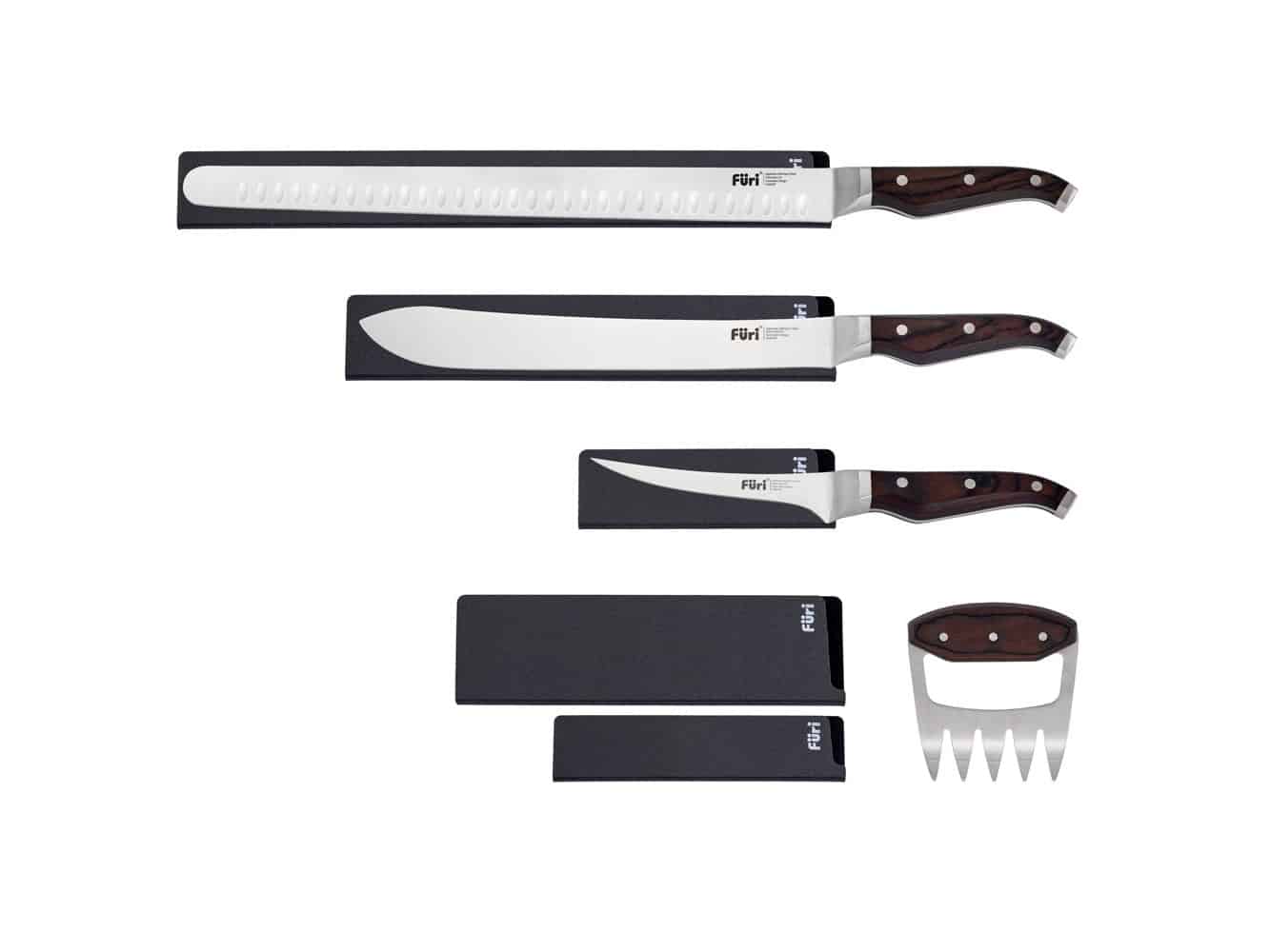 The five pieces of the Furi Pro Triple Rivet Pitmaster Set laid out with their blade guards, including the 36cm brisket slicing knife and the meat claw