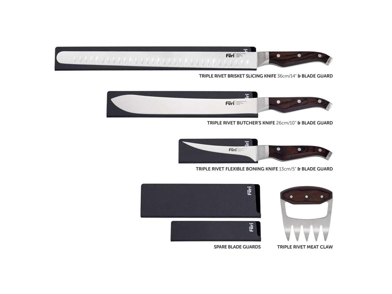 The three Furi Triple Rivet blades labelled with their names and lengths: brisket slicing knife 36cm, butcher's knife 26cm and flexible boning knife 13cm, beside the meat claw and spare blade guards