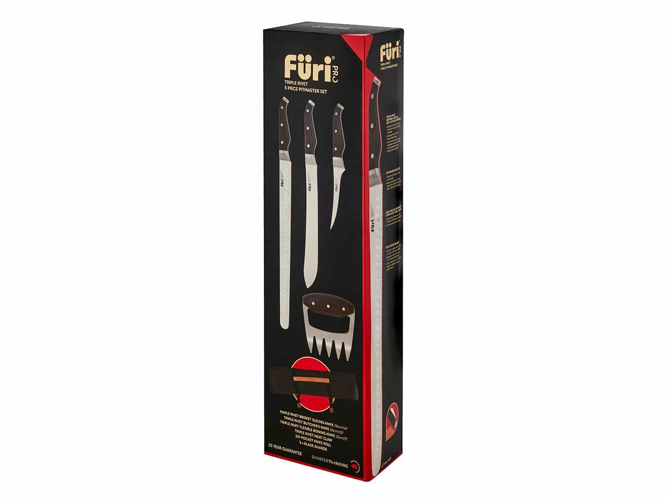 Retail packaging for the Furi Pro Triple Rivet 5 Piece Pitmaster Set showing the three blades, the meat claw and the knife roll