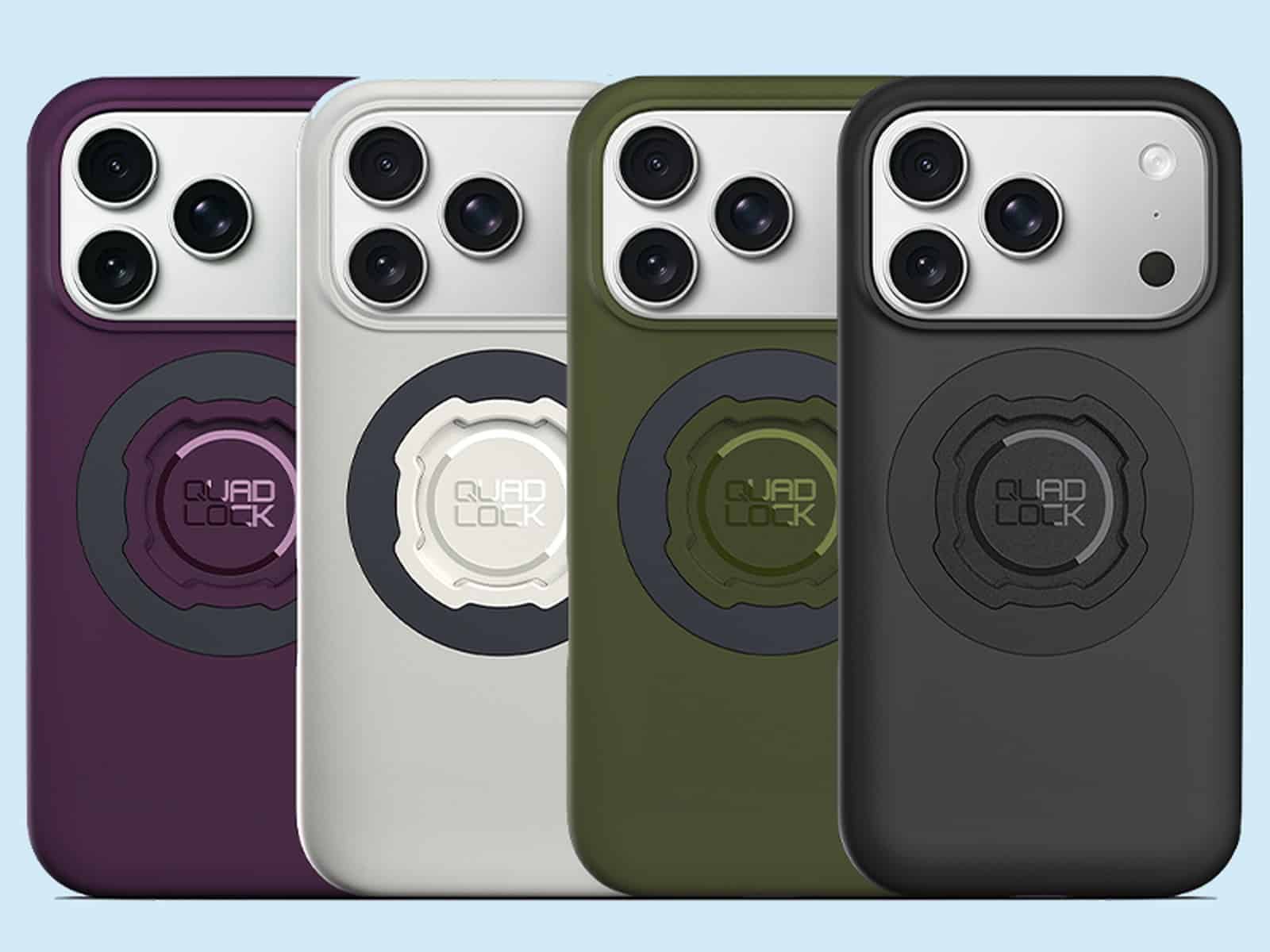 Quad Lock iPhone 18 cases in Plum, Stone, Olive and Black shown from behind with the Quad Lock mounting ring visible on each