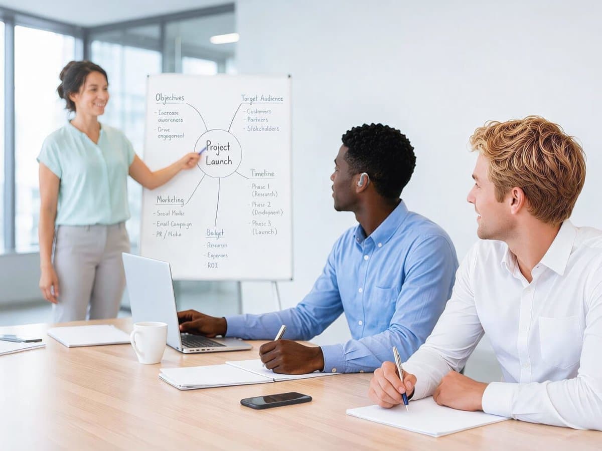 Two men wearing Timekettle LiveTalk earbuds listen to a presenter at a whiteboard in a meeting room