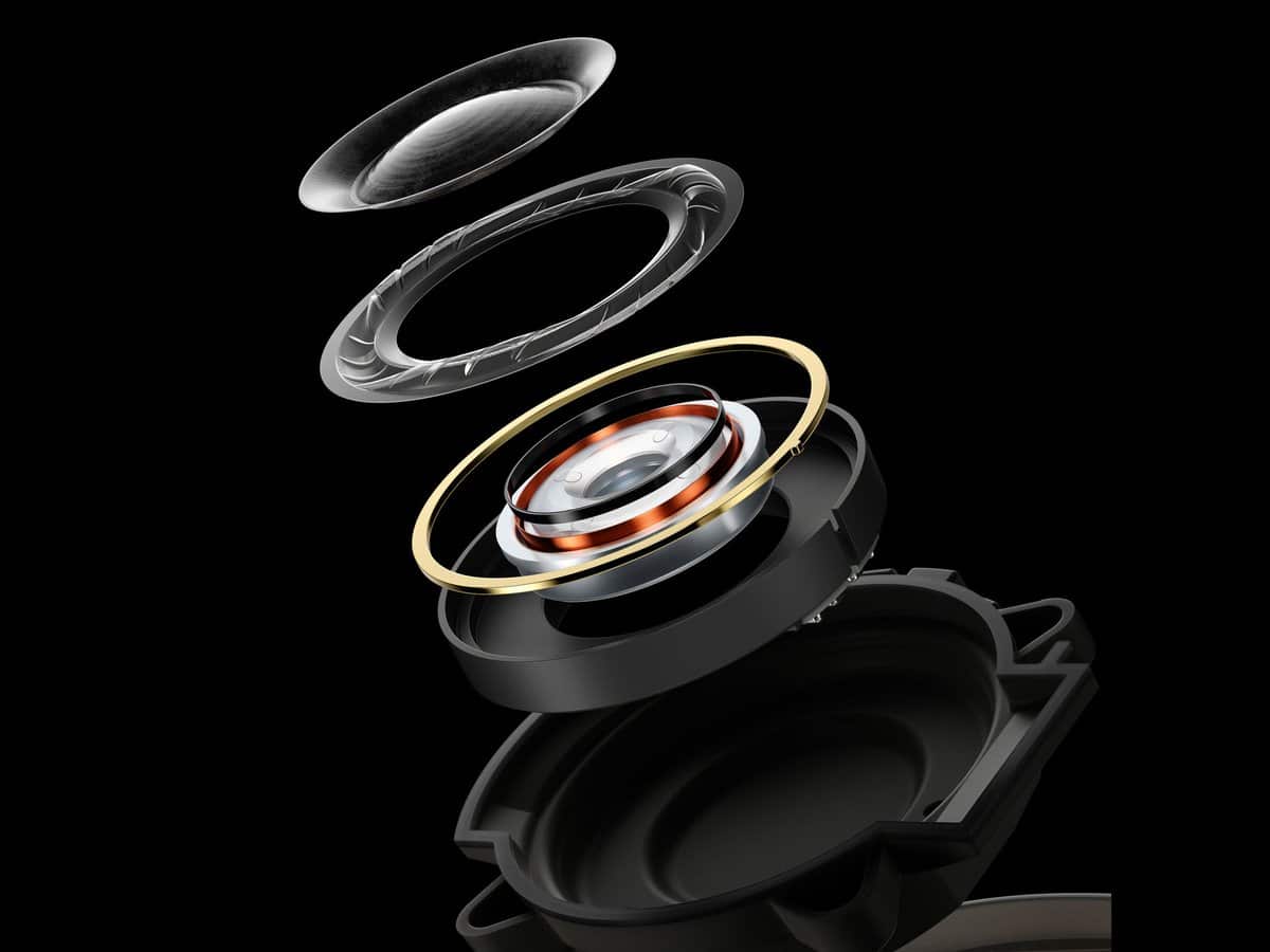 Exploded view of the Technics EAH-A1000 40 mm Magnetic Fluid Driver and carbon fibre diaphragm