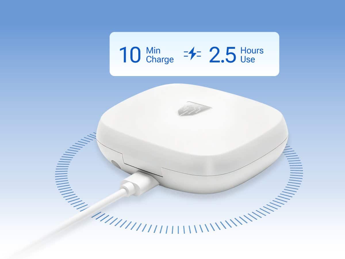 The white Timekettle LiveTalk charging case plugged into a USB cable