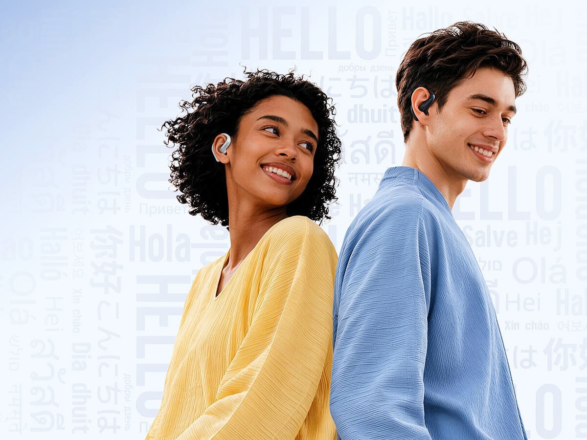 A woman and a man stand back to back, each wearing Timekettle LiveTalk open-ear earbuds