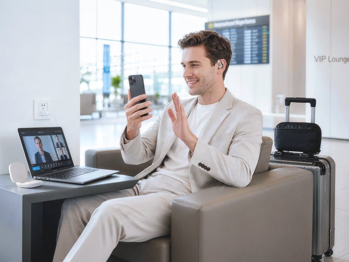 A traveller wearing Timekettle LiveTalk earbuds takes a video call on his phone in an airport lounge